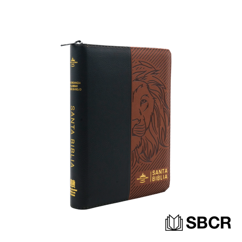Biblia Reina Valera 1960 imitación piel con diseño de León color negro y café con indice y zipper